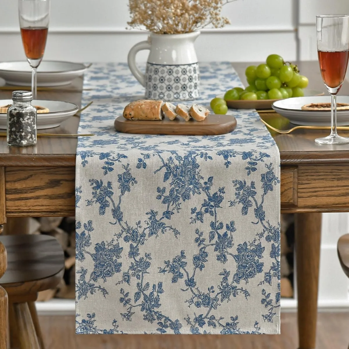 Sketch Branch Toile Textures Chinoiserie Cotton Dark Grey Table Runner Retro Vintage Kitchen Dining Table Decoration