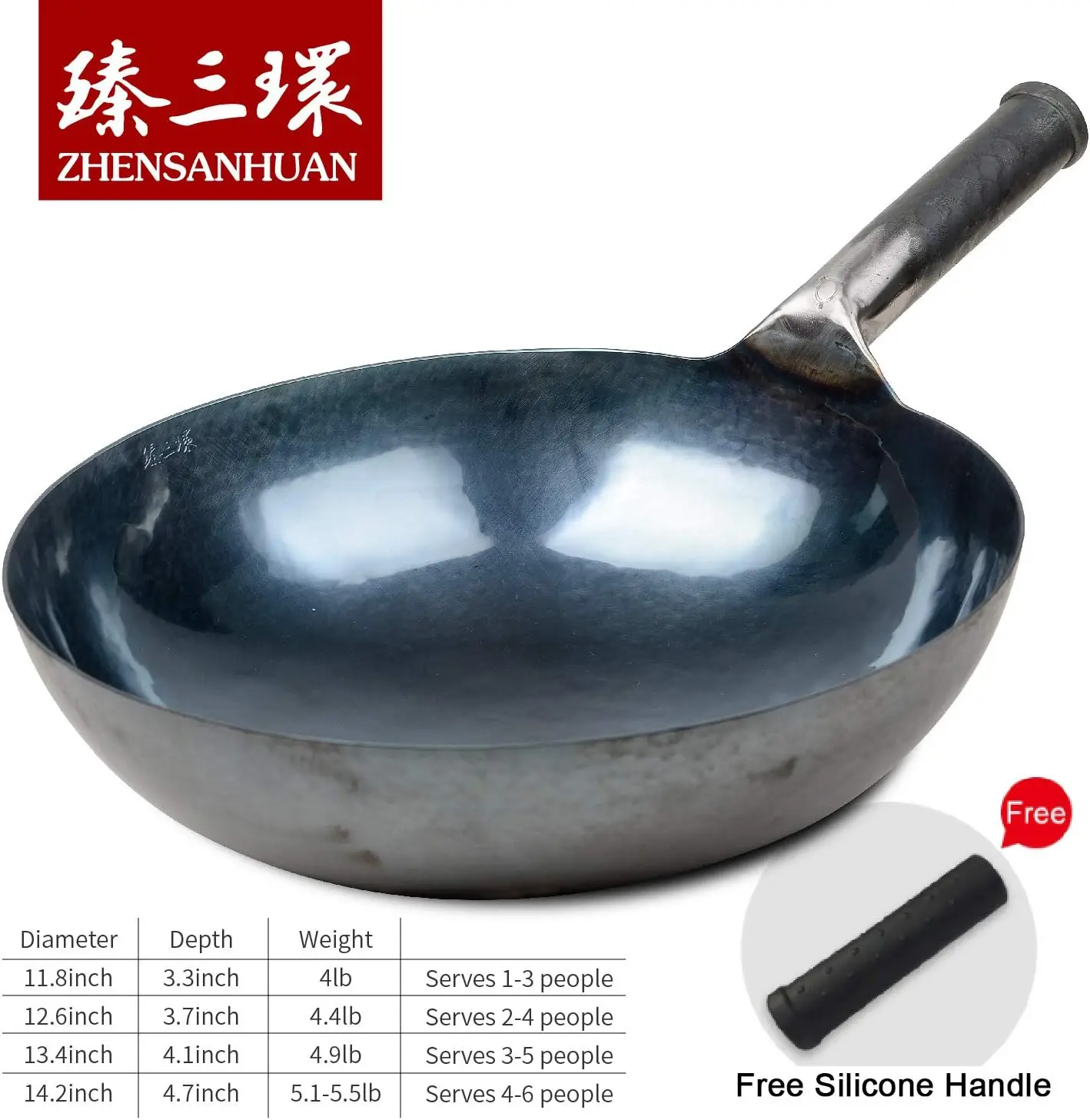 ZhenSanHuan-Mão Chinesa Martelado Ferro Wok e Stir Fry Panelas, Antiaderente, Sem Revestimento, Aço Carbono Baixo