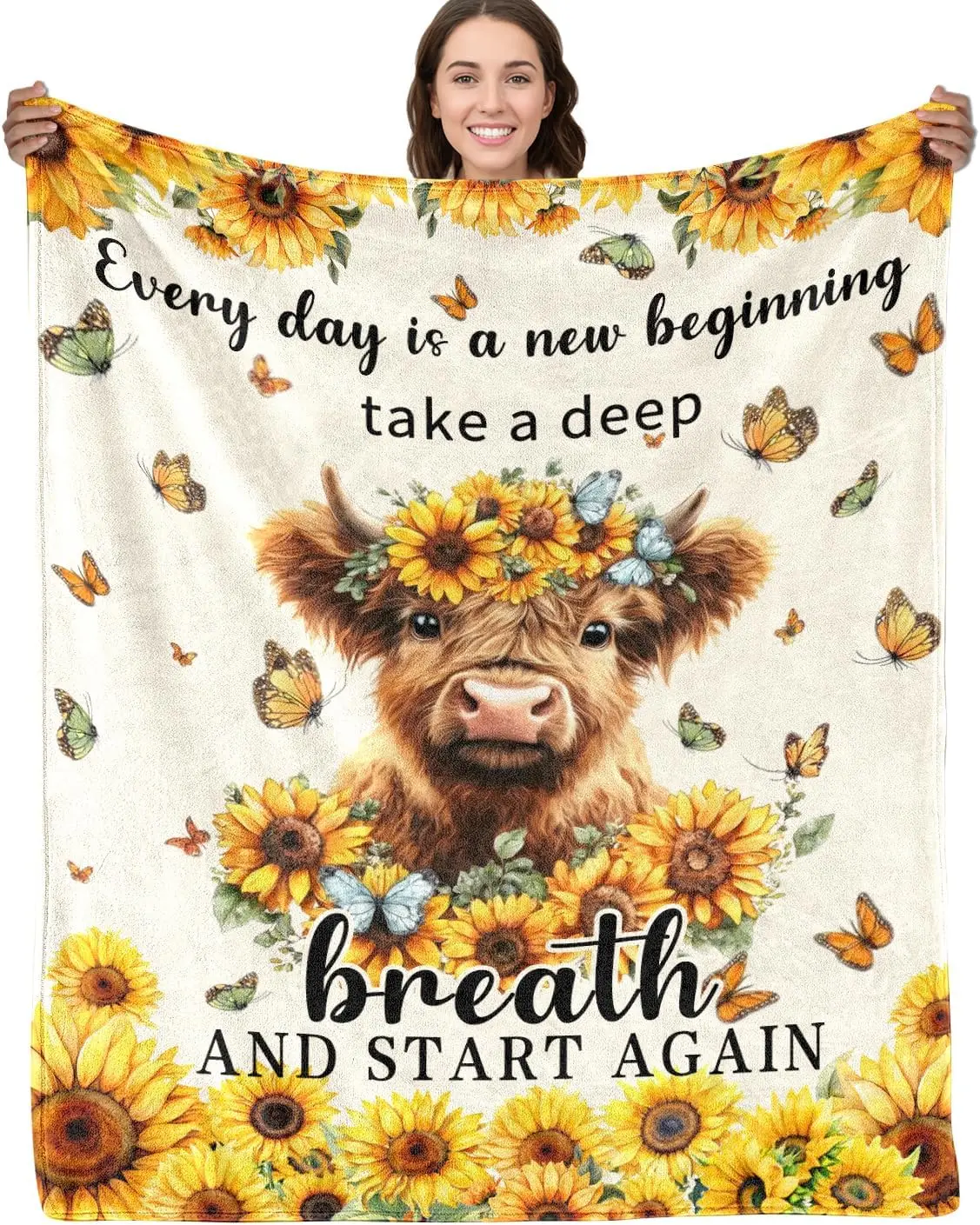 Cute Cow Sunflowers Flannel Throw Blanket Cozy Lap Throw Gift Motivational Inspirational Decor Soft Pet Lover Gift