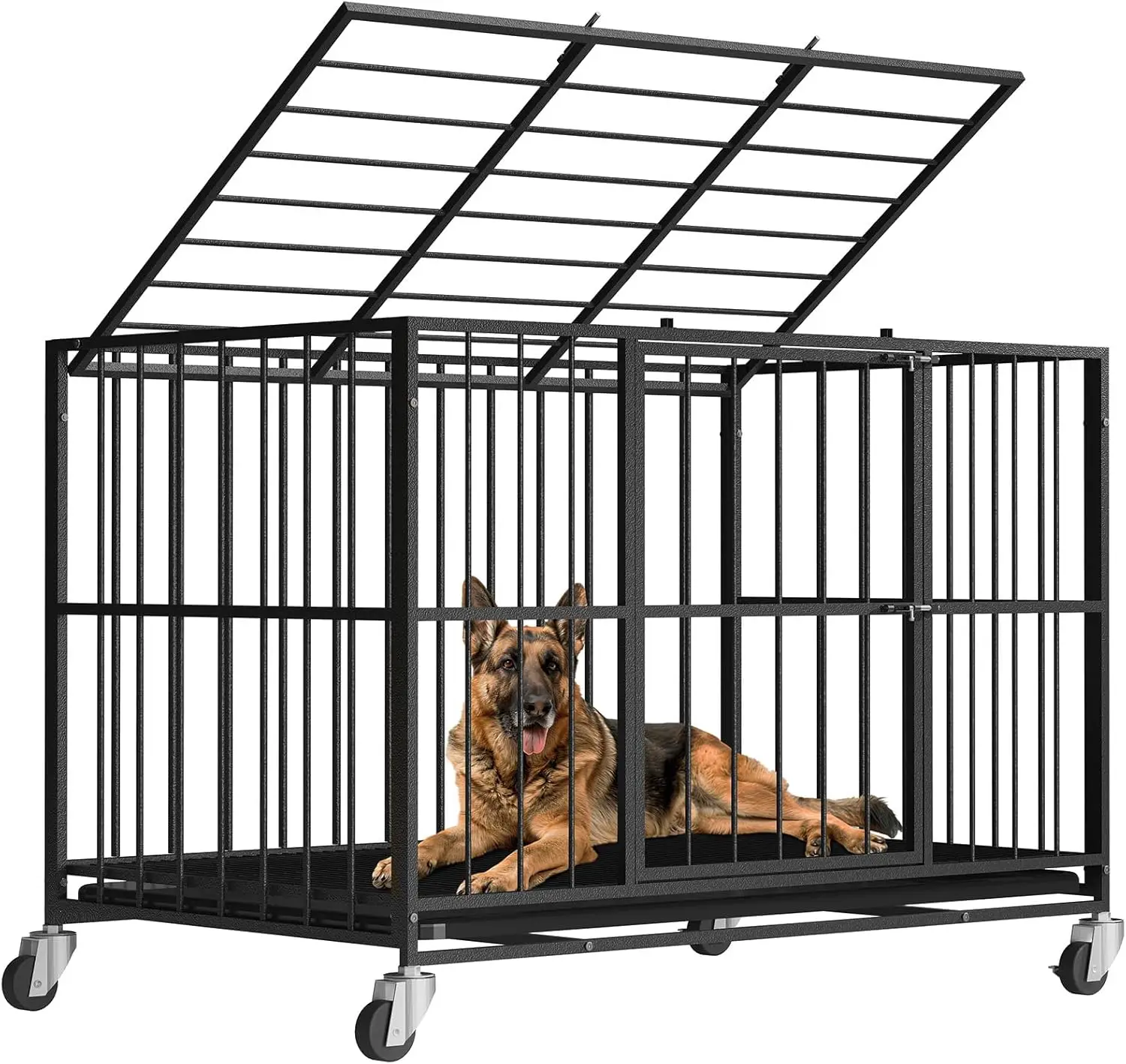 

48 Inch Heavy Duty Dog Crate Steel Escape Proof, Indoor Double Door High Anxiety Cage, Removable Tray, Large Dog Kennel with Whe