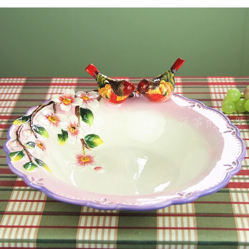 European ceramic fruit bowl Chinese 3D flower and bird holder coffee table candy snack dessert plate home decoration