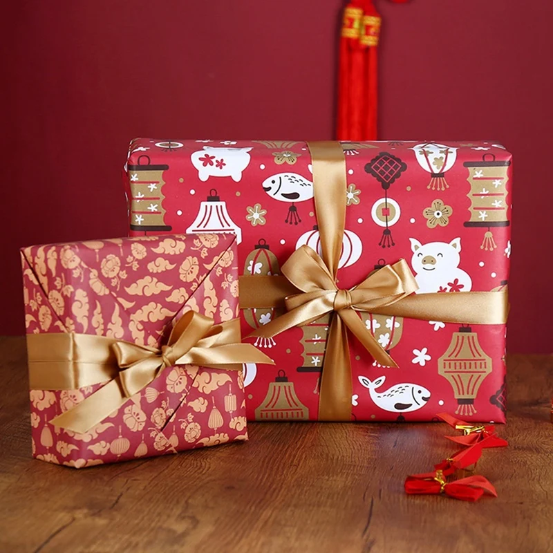 Wrapping Paper Sheets Set Of 6 With Ribbons ,Spring Festival Chinese New Year DIY Gift Red Wrapping Paper,70Cm X 50Cm