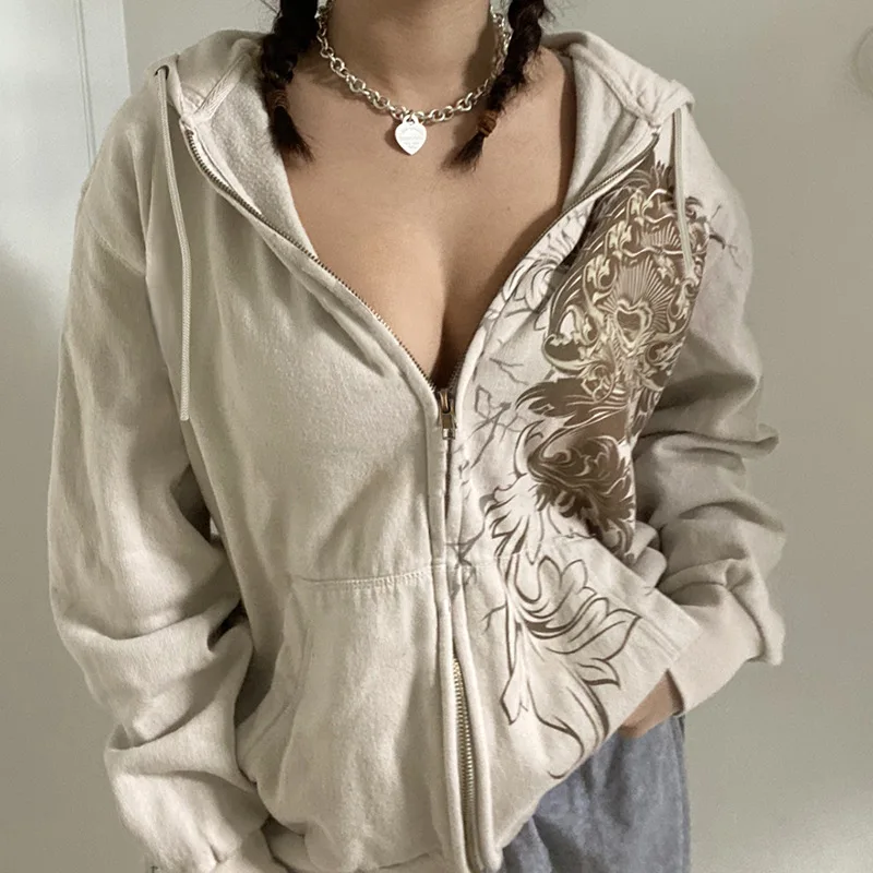 

Cotton Vintage Print Hooides Khaki Women's Sweatshirts Zipper Hooded Shirt with Pocket Women Clothing Winter Clothes Women 2024