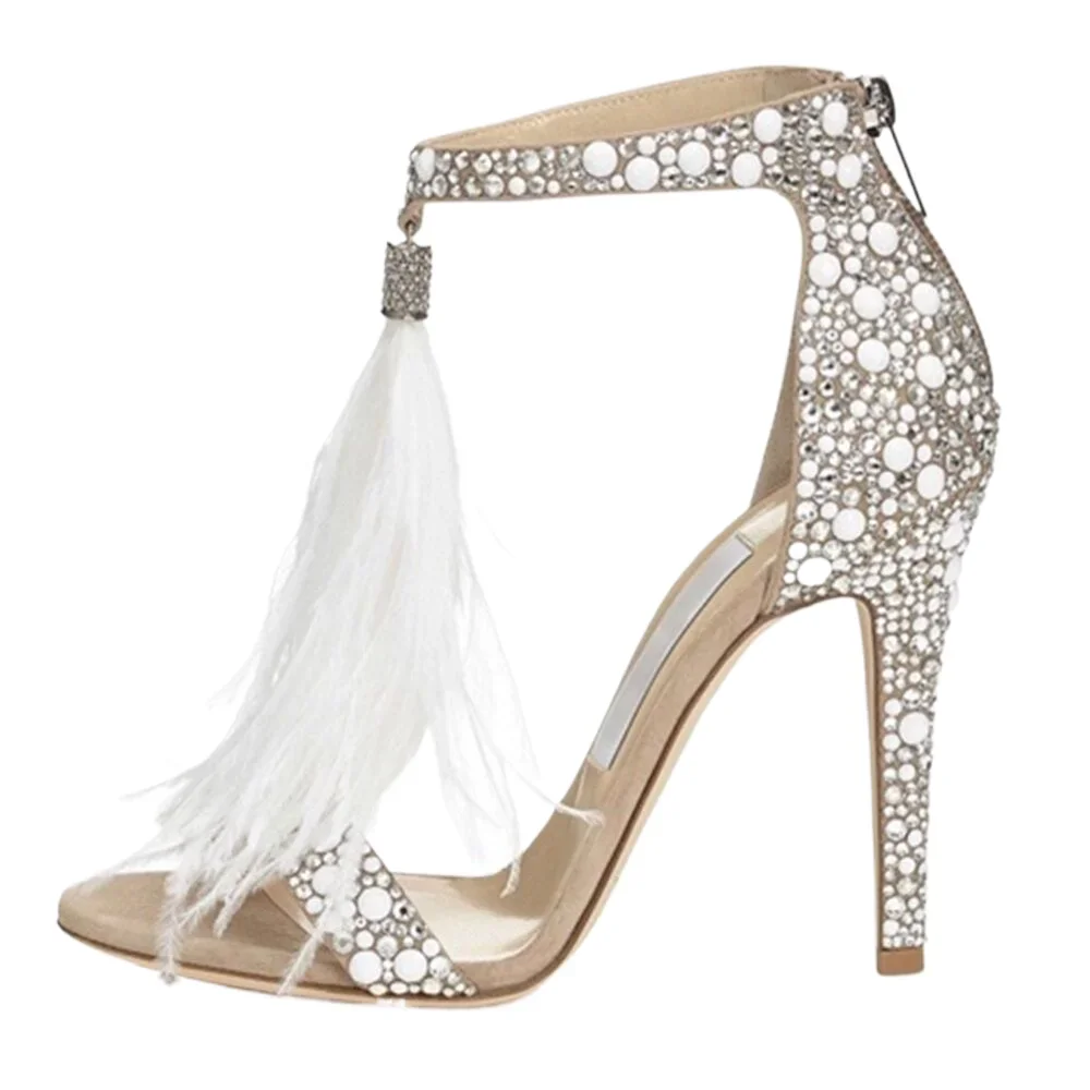 

Bling Bling Silver Crystal Embellished Dress Sandals White Feather Fringe Wedding High Heel Shoes Shining Rhinestone Sandal