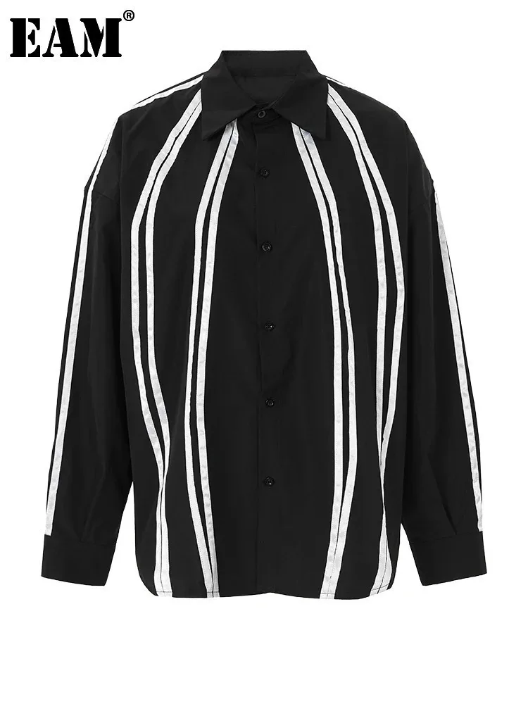 [EAM] Women Black White Striped Big Size Blouse New Lapel Long Sleeve Loose Fit Shirt Fashion Tide Spring Autumn 2024 1DF7777