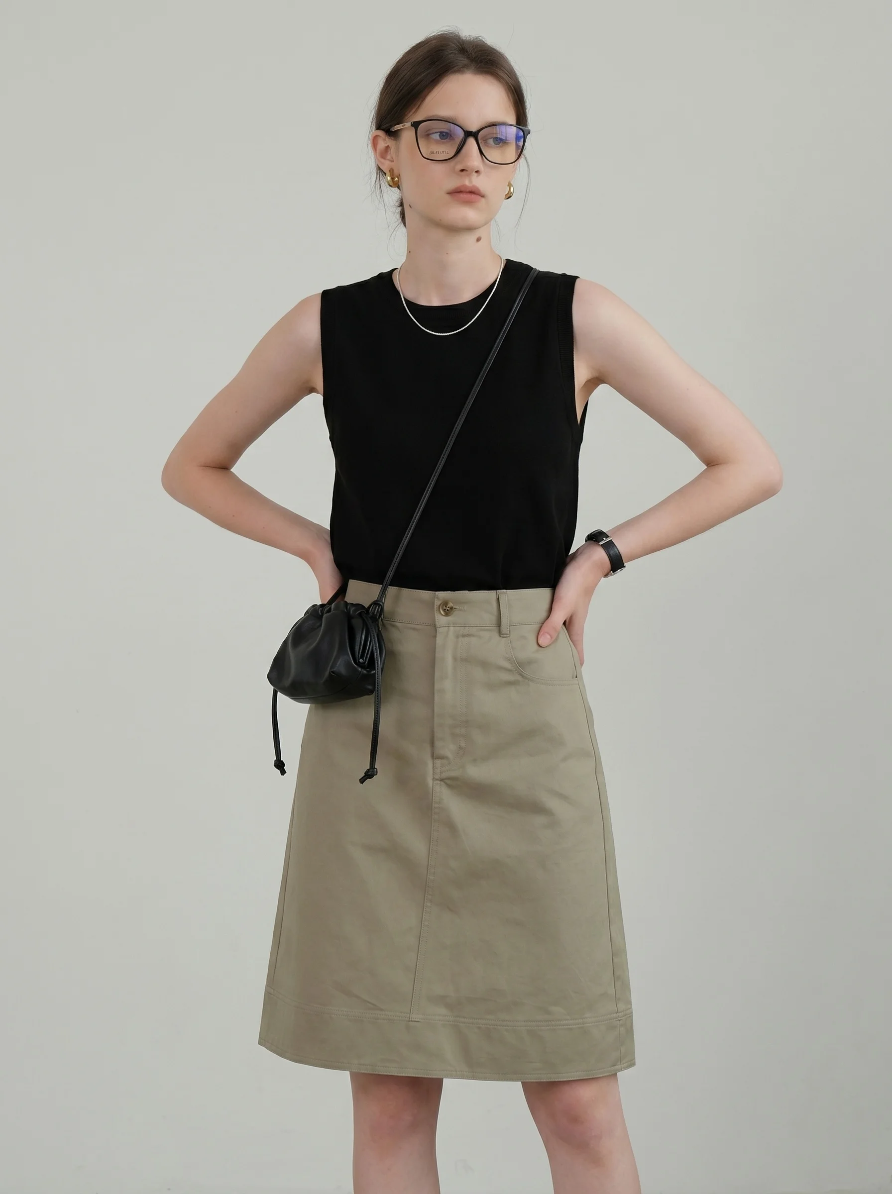 2026 New Retro Khaki A-Line  Skirt for Women Summer Workwear Five-Quarter High Waist Skirt Elegant Ladylike Style