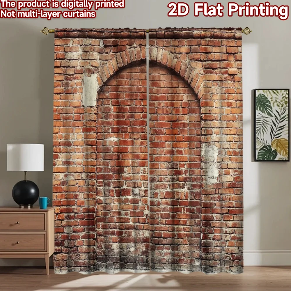 2D flat 2pcs Curtain Modern Minimalist Style Old Brick Archway Digitally printed polyester, colorfast Festive Holiday Perfect