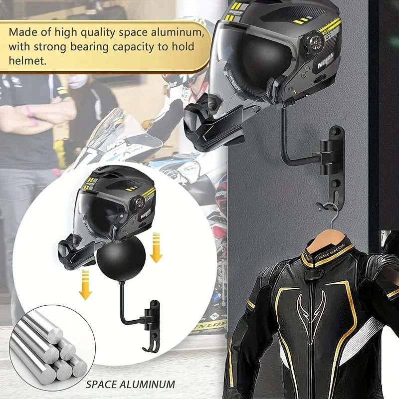 Motorcycle Helmet Rack Wall Mount Helmet Holder 180° Rotation Helmet Hanger With Hooks For Coats Caps Bike Baseball Rugby Helme