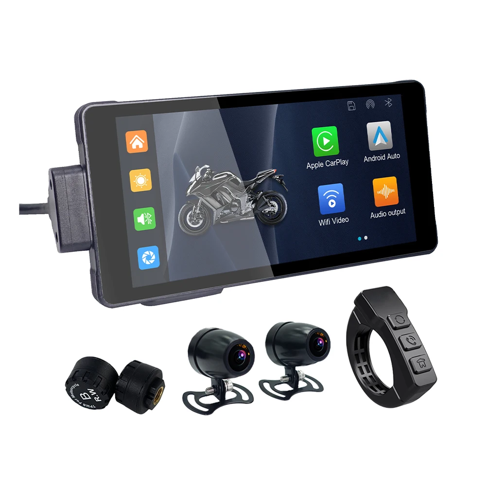

Motorcycle Recorder Dual Cameras Waterproof Dashcam Carplay Screen Android Auto Monitor With TPMS Sensor