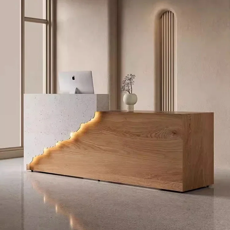 

Салон красоты, компания, стойки регистрации, современные роскошные столы со светодиодной подсветкой из цельного дерева, офисная мебель Guichet D'acc (18) FYRD