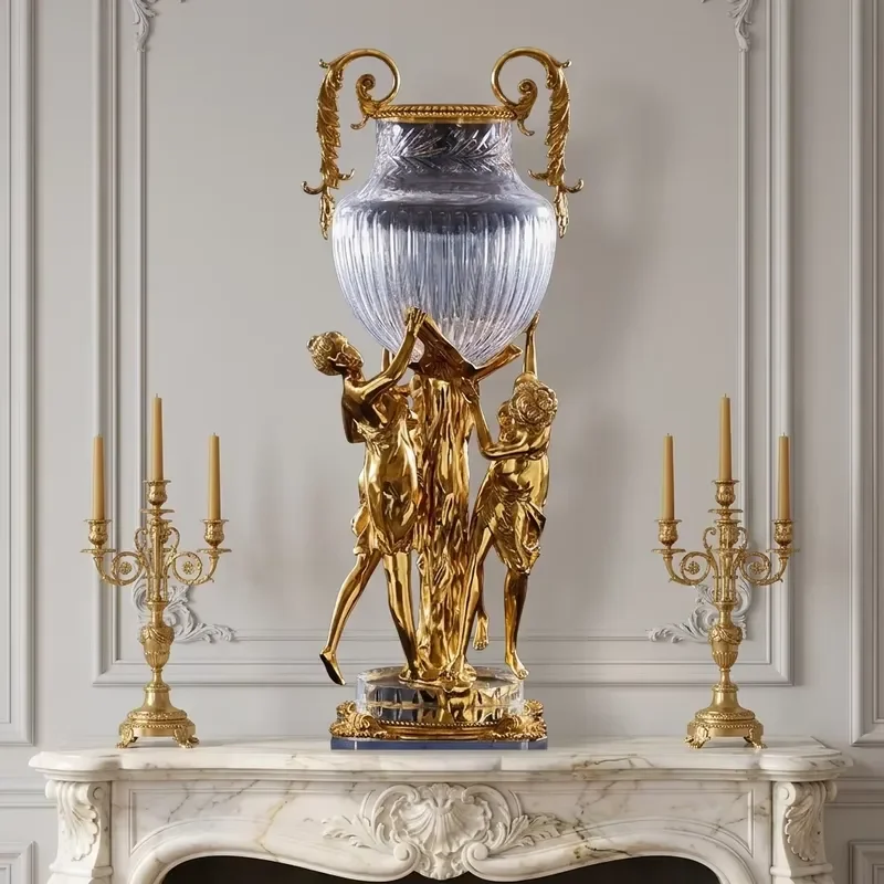 Golden Angel Decorative Tall Crystal Floor Vase Art Crafts Antique Large Angel Brass Metal Flower Vase for Luxury Home Decor
