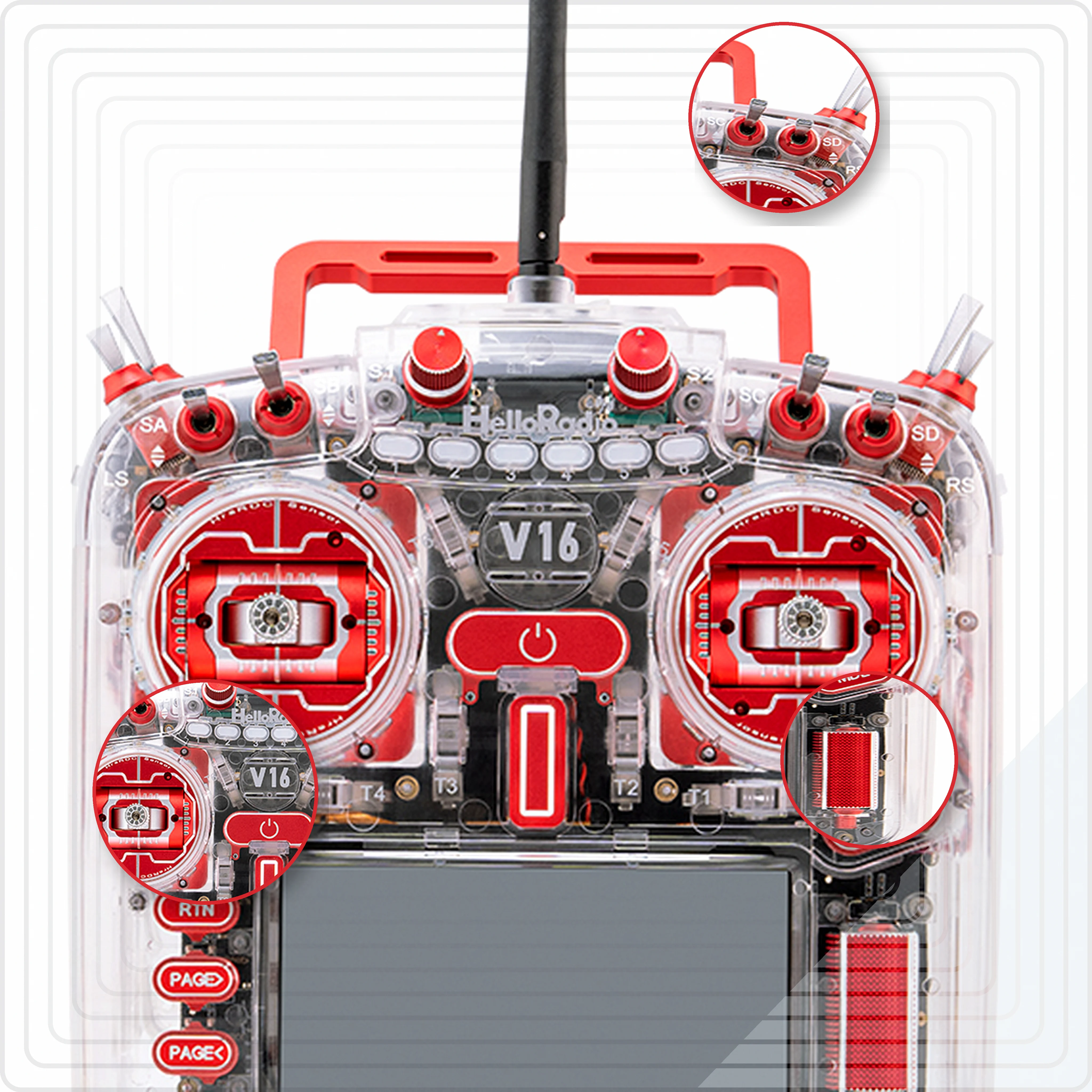 HelloRadioSky V16R CNCR9 Transparent Red CNC Gimbal FPV Transmitter Multi Protocol Open Source For RC Radio