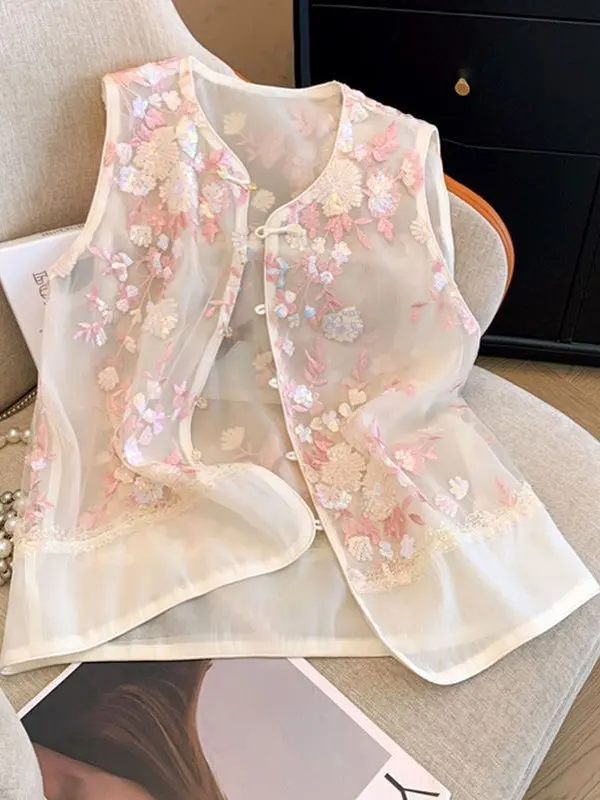 

New Chinese Style Retro Embroidered Jacket Versatile Design Sensation Improved Vest Top Women's Fashion Summer Season