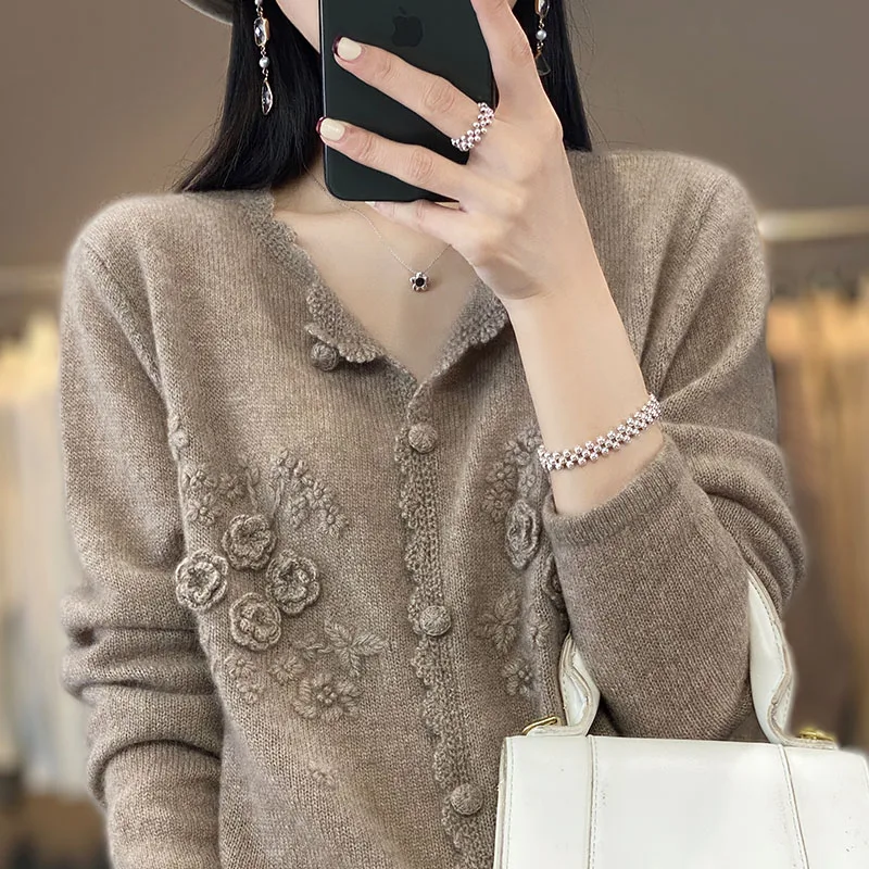 Pure Cashmere Women Sweater Autumn Winter New Lace Round Neck Cardigan Fashion Embroidery Casual Knitted Soft Jacket Tops