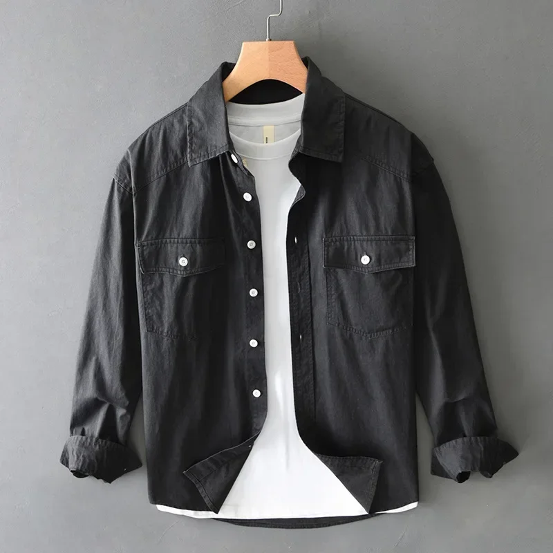 

Новая весенняя мужская рубашка с длинным рукавом в японском винтажном стиле, из чистого хлопка, с двумя карманами, свободного кроя, повседневная одежда