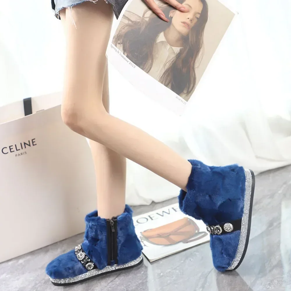 Womens Rhinestones Real Mink Fur Ankle Boots Rhinestones Crystal Platform Snow Warm Winter Shoes Candy Colors Thick