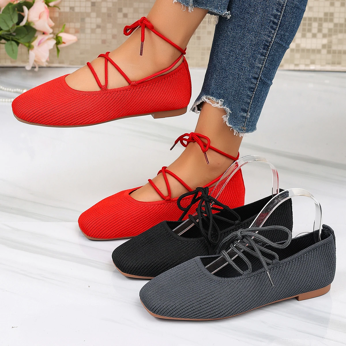 Französische flache Schuhe 2026 Sommer Neu Runde Zehenpartie Atmungsaktive Leichte Ballett-Strick-Freizeitschuhe Bequeme Damenschuhe – Detail 10