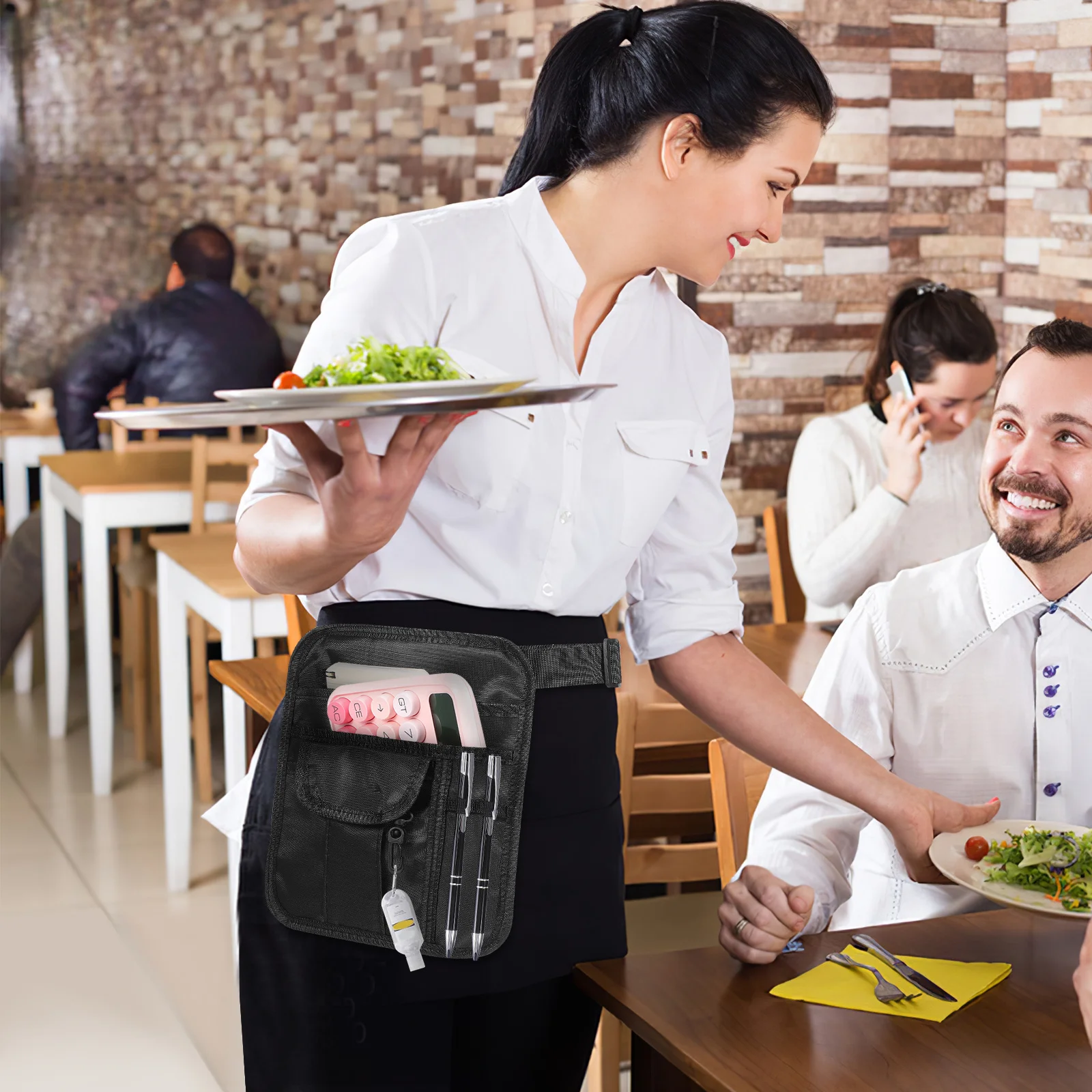 

Adjustable Server Apron Waist Pouch Housekeeping Bartender Gardener Half Apron Buckle Multi Pockets Restaurant Work Sturdy