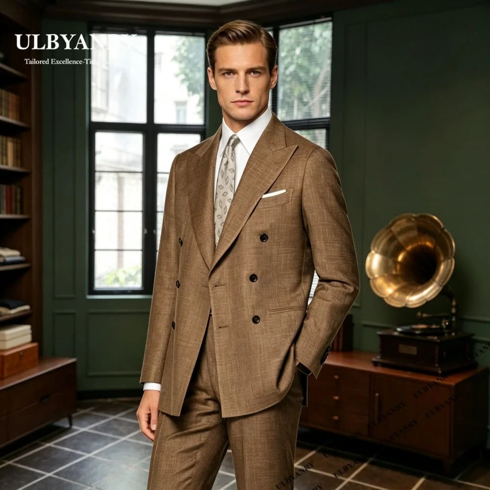 Casual Brown Suit Set for Men Trend Double Breasted Formal 2-Pieces Suit (Jacket Pants) XXS-7XL Customized Blazer Trousers