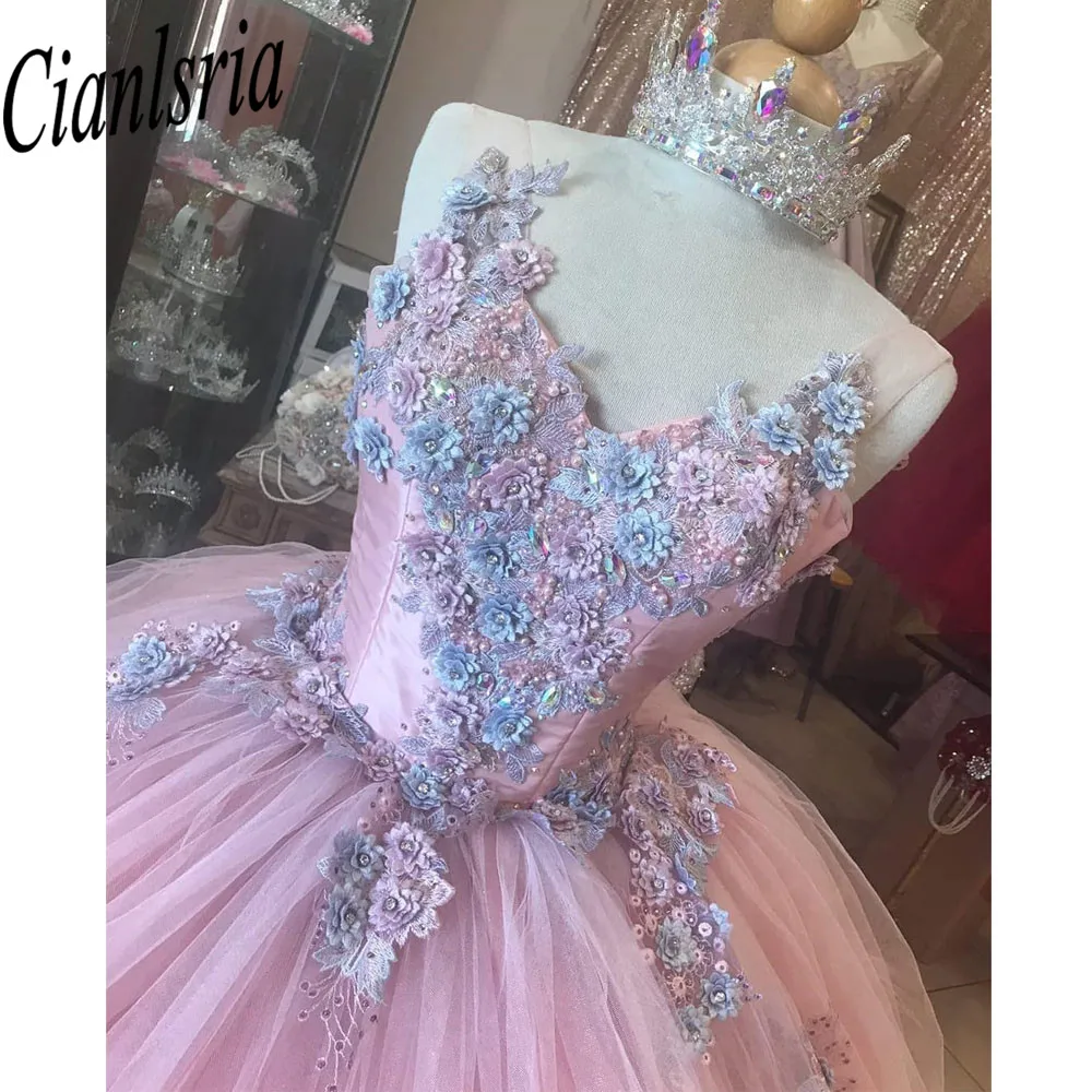 Pink Princess Quinceanera Vestidos, 3D Flower Lace, Apliques Espartilho, Sweet 16 Birthday Party Dress