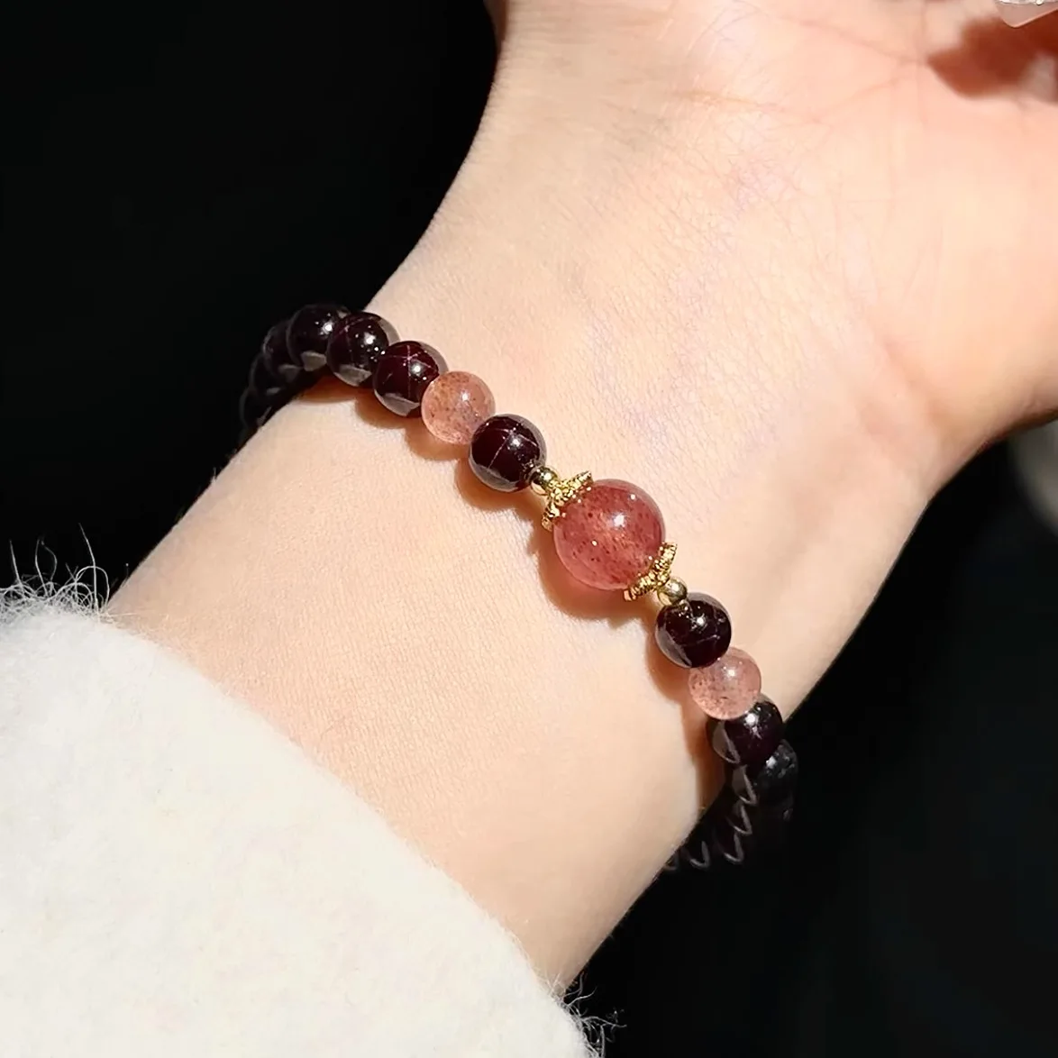 Chinese Style Lucky Natural 6mm Garnet Bracelet For Women Strawberry Quartz Fortune Blessing Transfer Beads S925 Silver Delicate