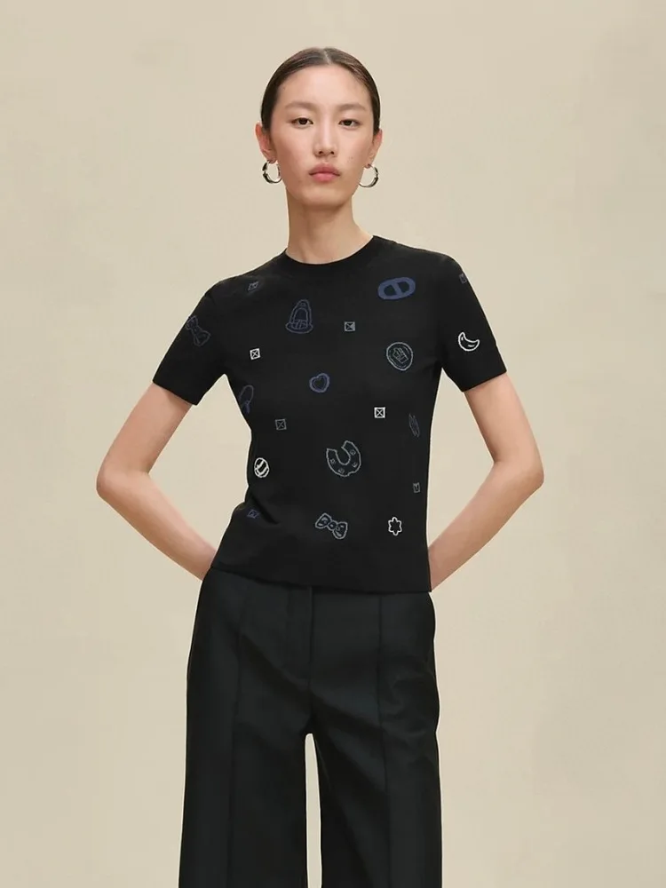 Suéter de malha de lã de Yangzhou Or Sve feminino retrô Sle redondo Ne pulôver padrão abstrato bordado floral de alta qualidade...