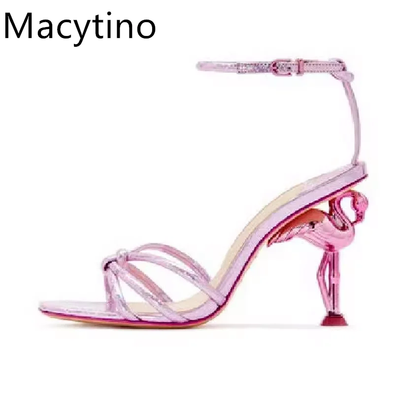 Novelty Flamingo Heel Sandals Women Sexy Narrow Band Genuine Leather Ankle Strap Banquet Shoes Summer