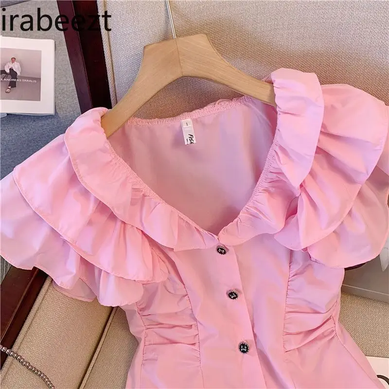 

Women's Pink Flutter Sleeve Blouse Korean Style Ruffled Hem Crop Top Summer Cute Chic Shirt Blusas De Chifon Elegantes