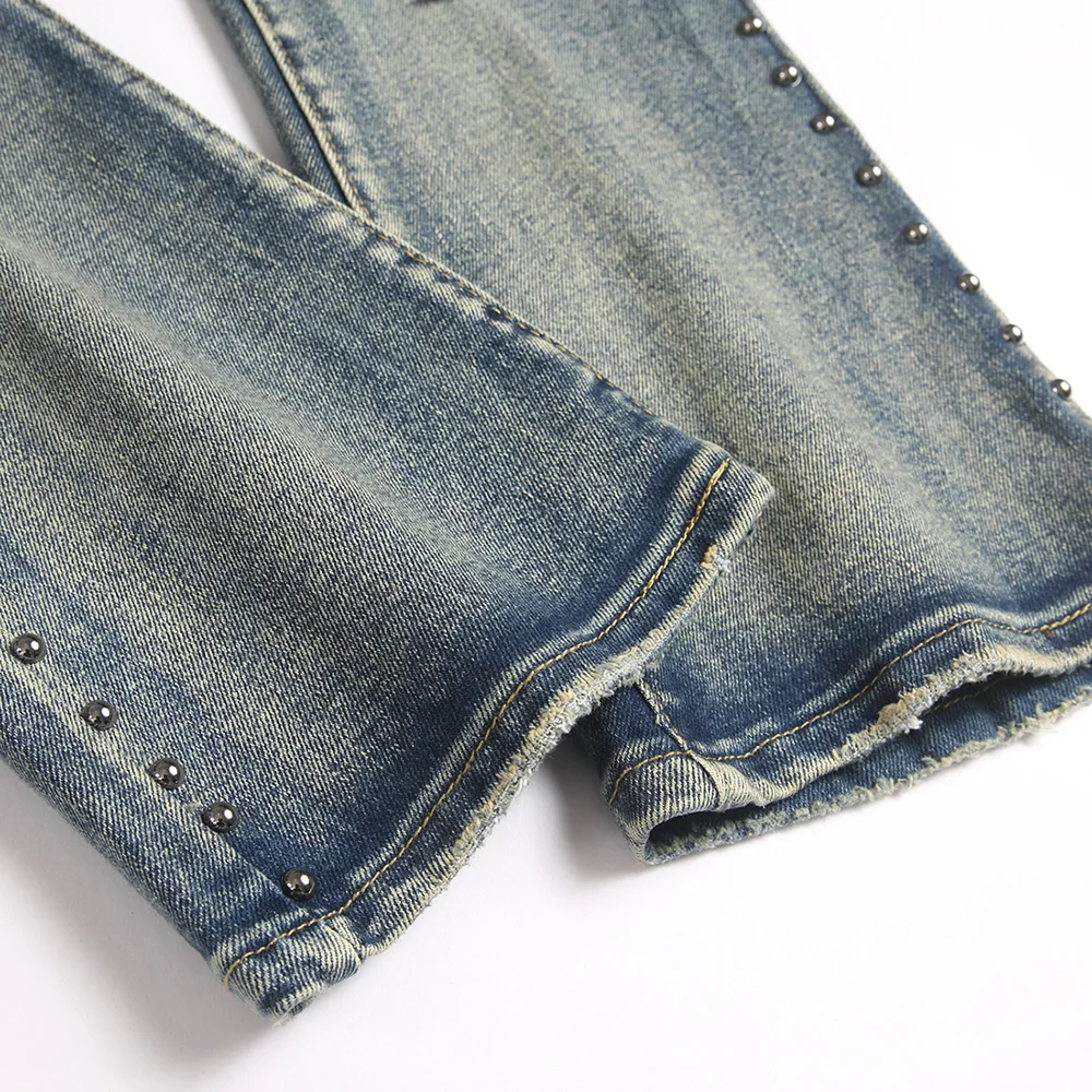 Men's Badge Patch Boot Cut Jeans Rivet Vintage Retro Blue Stretch Denim Pants Streetwear Slim Flared Trousers view 5