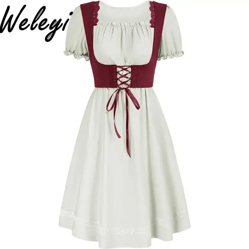 Victorian Pastoral Cosplay Wine Red Long Dress Women Retro Literary Square Neck Short Sleeve Dresses Ladies Vestidos De Mujer