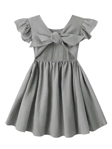 Girls' summer gray dress with cute little flying sleeves and bowknot decoration, outdoor casual puffy skirt