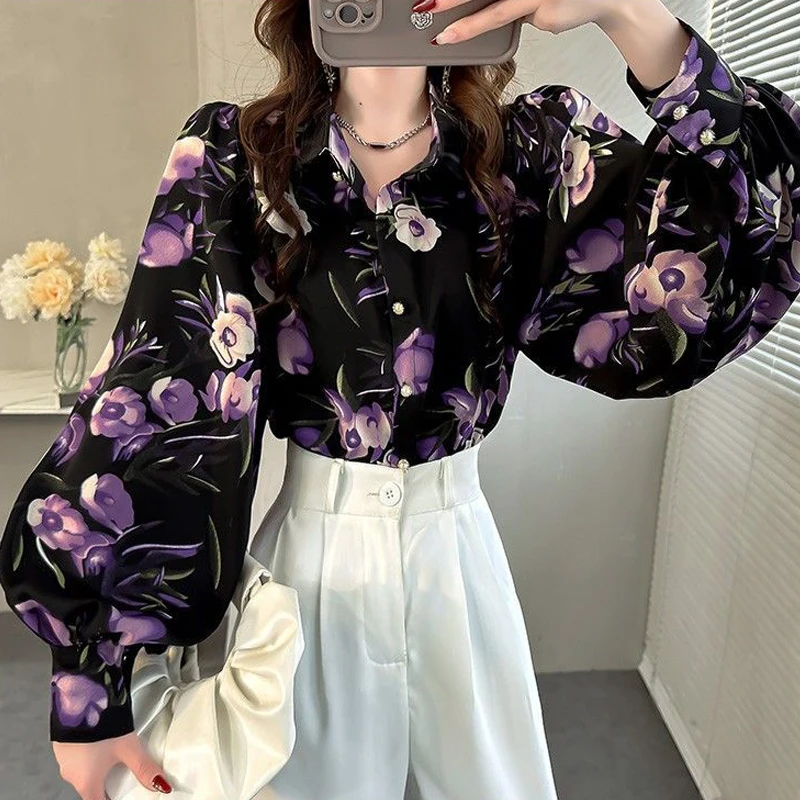 Autumn Women\'s Vintage Floral Print Button Up Shirt Office Lady Lapel Elegant Chiffon Blouse Chic Lantern Long Sleeve Loose Tops