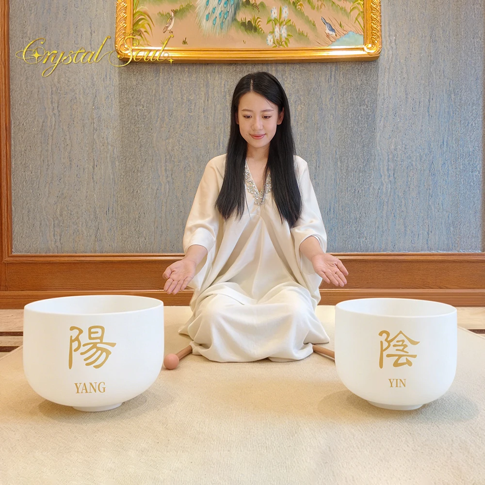 Хрустальная поющая чаша Crystal Soul с индивидуальной гравировкой Инь-Ян для звукотерапии, 12-14 дюймов