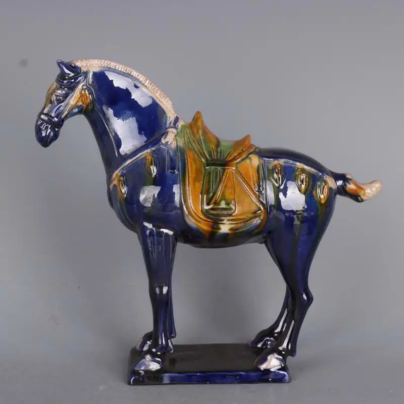 

8.2"Chinese Old Tang Tri-Color Ceramics Glazed Blue Horse Statue Decorate