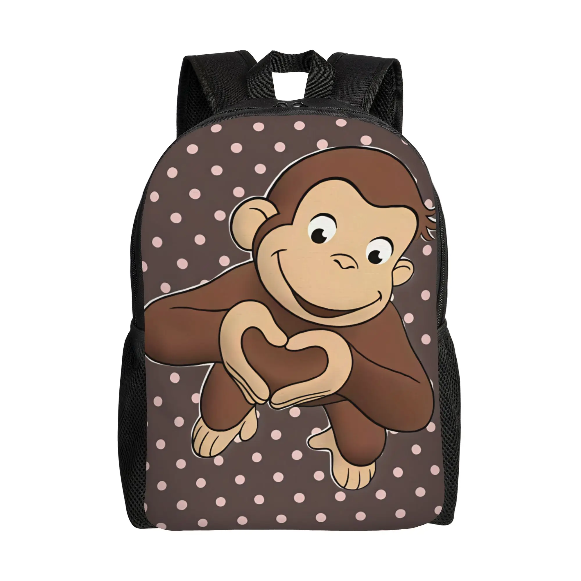 Curious George Hand Heart Polka Dot Backpack  Boy Girl Polyester Travel Backpacks Big Kawaii High School Bags Rucksack
