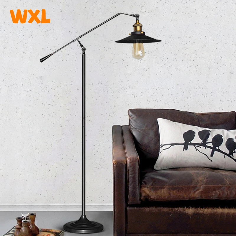 

American Industrial Wind Loft Wrought Iron Retro Nostalgic Study Living Room Bedroom Vintage Long Arm Fishing Floor Lamp E27