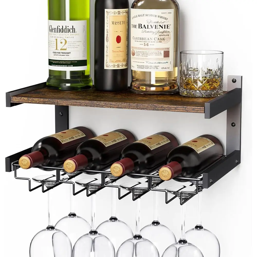 

Industrial Style Wall-Mounted Wine Rack with Stemware Holder and Storage for Bar Bottles (Brown)