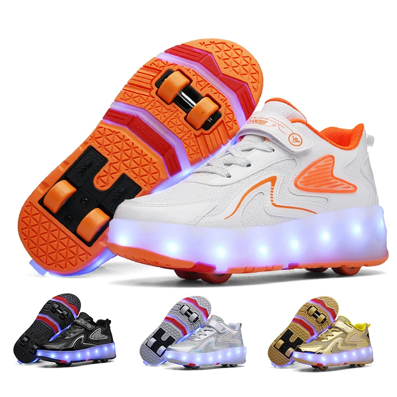 

Sneakers Skate LED Shoes For Kids Boys Girls Children Light Up Sports Glowing Four Wheels Roller Luminous USB Charging Flashing