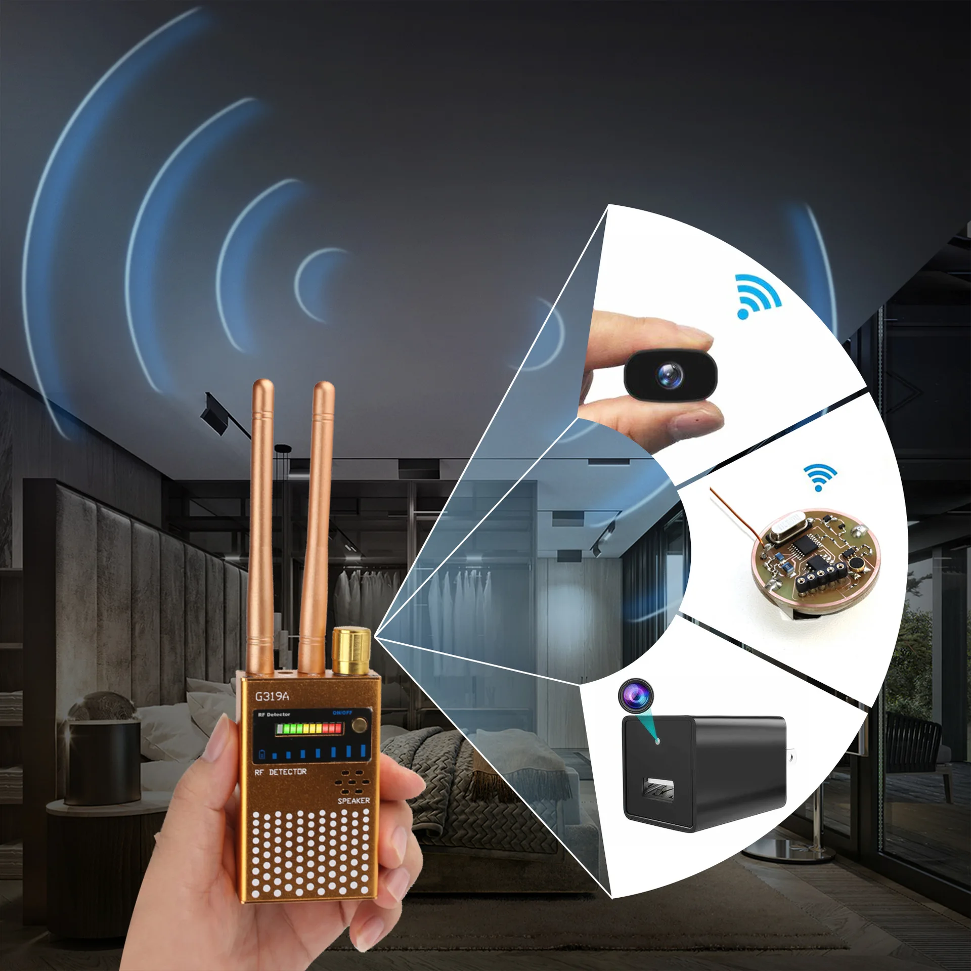 G319A HF-Detektor für versteckte Kameras und Spionage, 1 MHz–6500 MHz Frequenzbereich, 10 ㎡   Erkennung, tragbares Anti-Überwachungsgerät