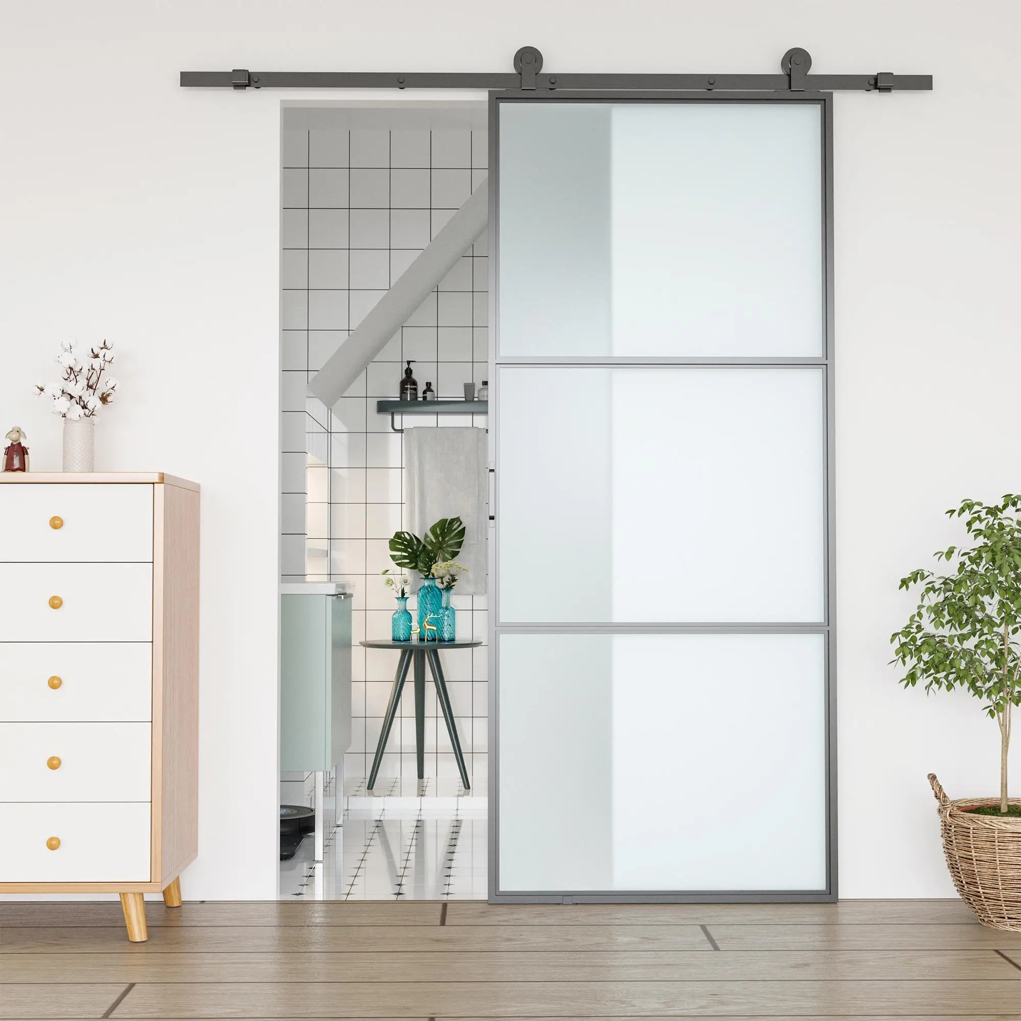 Ensemble de portes coulissantes 200 cm en acier carbone noir, rails et roulettes pour bois, capacité de charge jusqu'à 100 kg