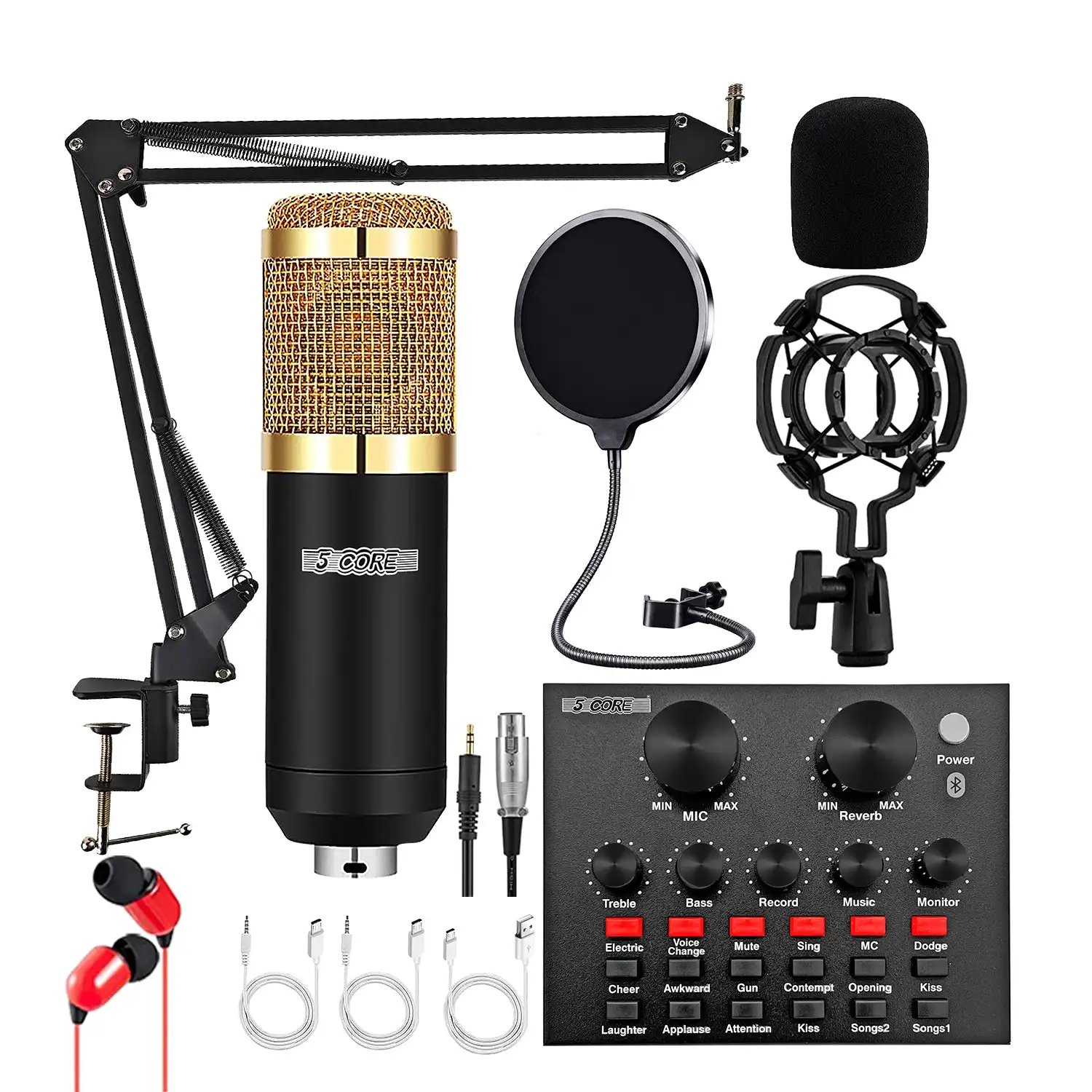 

5 Core Recording Microphone Podcast Bundle Professional Condenser Cardioid Mic Kit w Boom Arm RM 8 BG