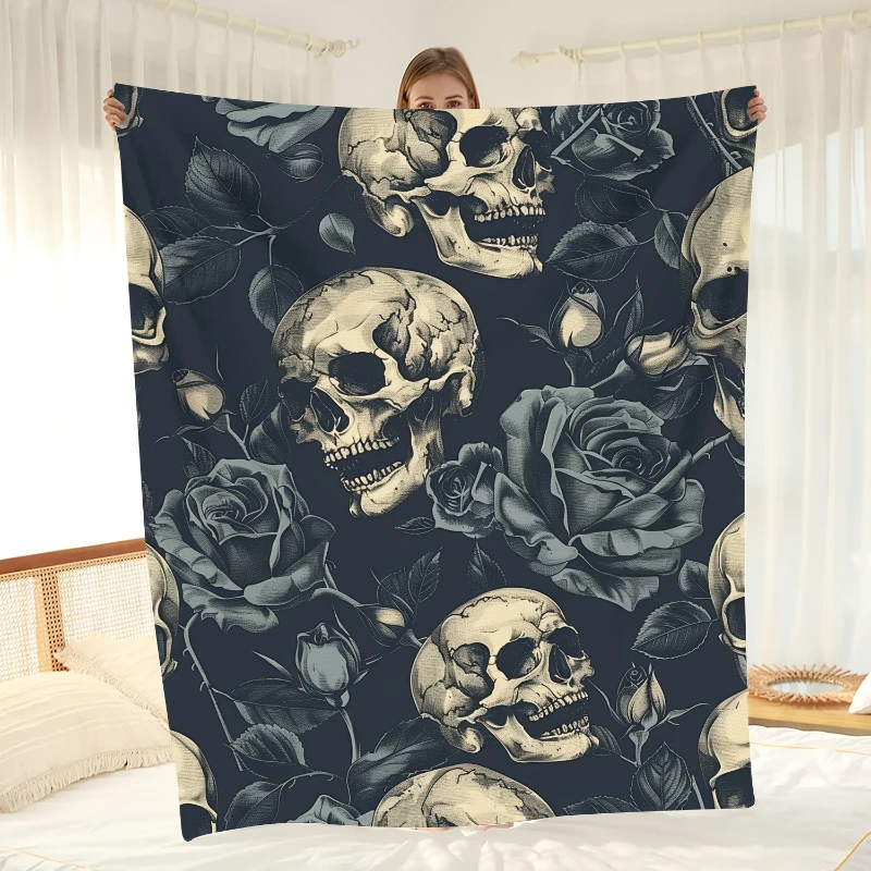 Smoky Three Realistic Skulls Dark Art Throw Blanket,Soft Lounge,Bedroom Cover,Birthday Anniversary Home Casual Tribute