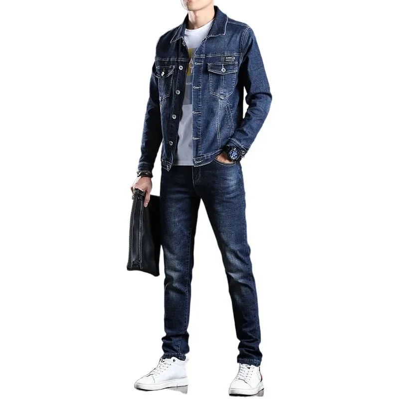 Men A Cowboy Suit Spring Slim Fitting Korean Version Casual Trend Social Youth Matching Coat Quality Denim Top Jeans 2-Piece Set