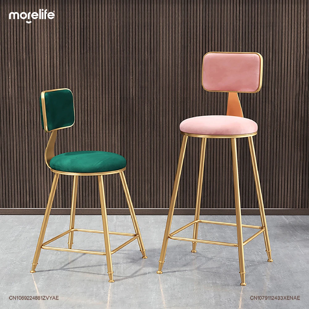 Chaises de Bar en Velours à Jambes Dorées de Style Nordique, Tabouret de Comptoir Minimaliste et Moderne, Dossier de Table d'Île de Restaurant