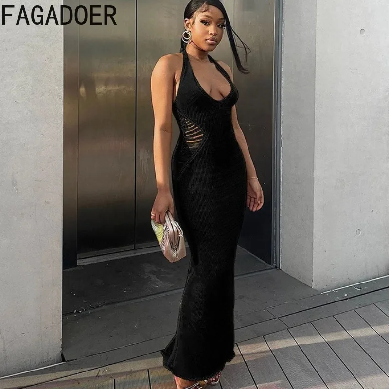 فستان ماكسي مثير منسوج من FAGADOER للنساء بلون سادة ورقبة رسن وخصر عالي فساتين ضيقة عصرية للعطلات