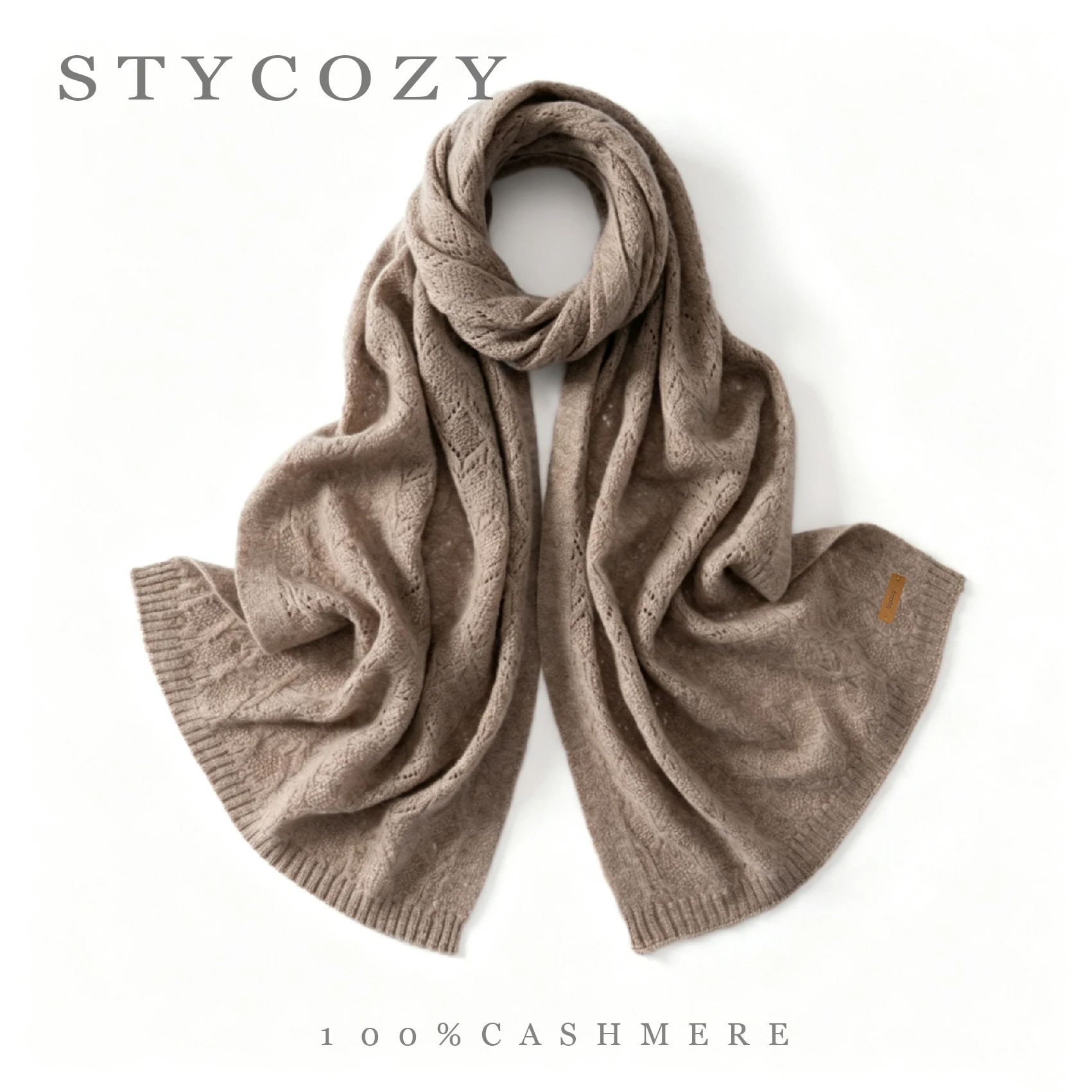 Unisex 100% Pure Cashmere Hollow Diamond Knit Scarf, Women Lightweight Soft Solid Neck Wrap Shawl for Autumn Winter Daily Wear