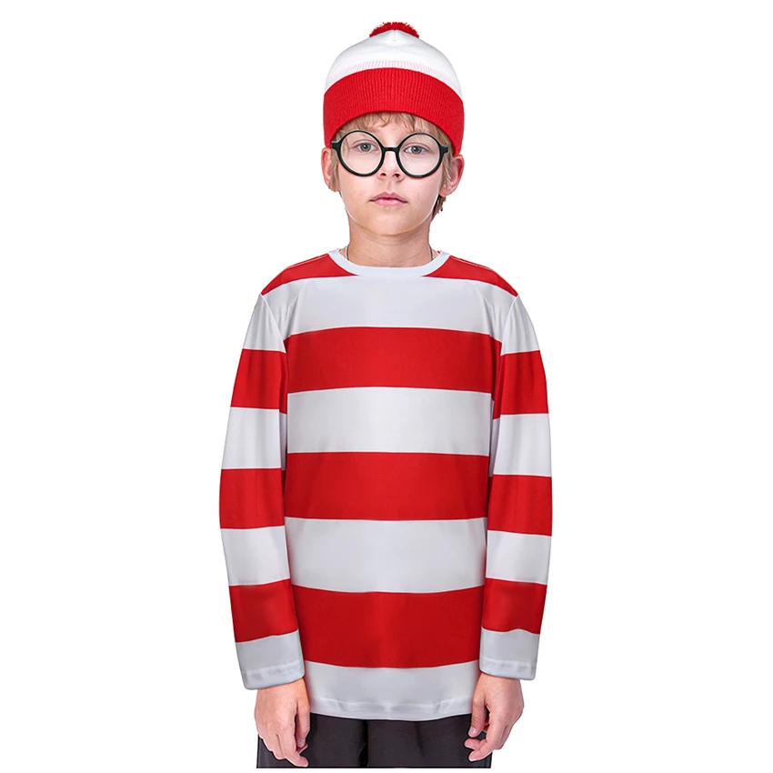 

Wheres Wally Waldo Costume Wally's Christmas Halloween Party Gifts Striped Shirt Hat Glasses Unisex Adult Kids