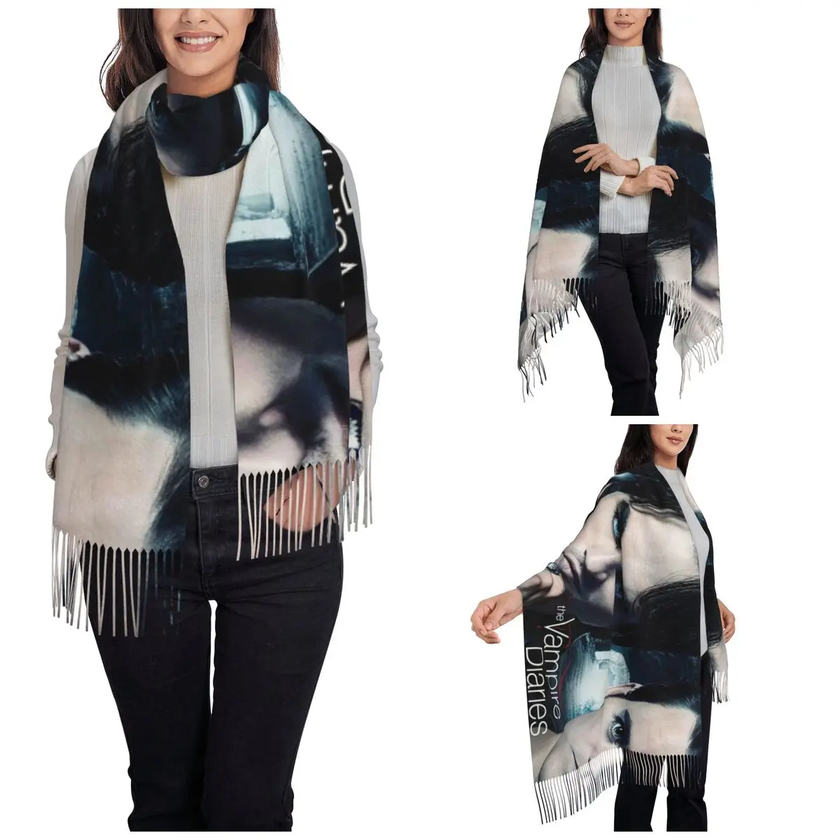 Womens Scarf with Tassel The Vampire Diaries Large Winter Warm Shawl Wrap Damon Salvatore Stefan Salvator Gifts Cashmere Scarf