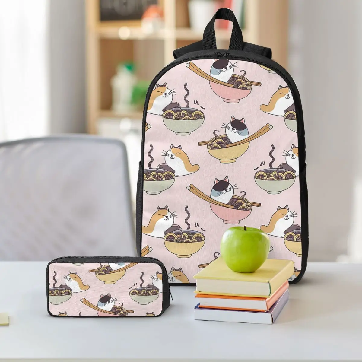 Cute Cat Eat Lamian Noodles Ramen Backpack Student BookBag School Bag Shoulder Bags 3ps Insulated Lunch Bag Pencil Case