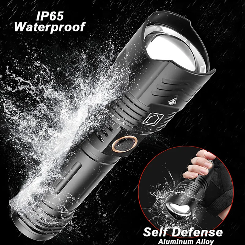 10000000LM XHP160 Powerful LED Flashlight USB Rechargeble Zoom Lantern Torch IPX66 Waterproof Tactical Flash Light for Camping